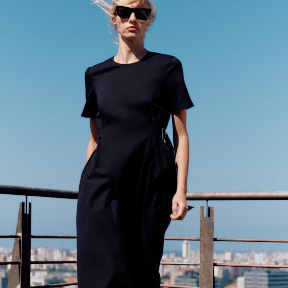 NWOT Zara Combination Buckle-Waist Black Midi Dress - Picture 2 of 13